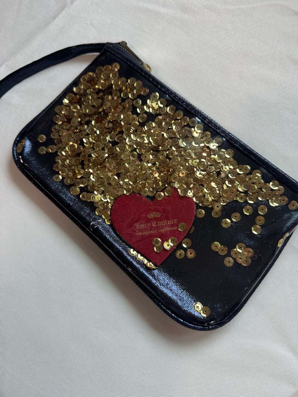 Juicy Couture Y2K Black Gold Sequin Wristlet Clutch Glam Party Bag